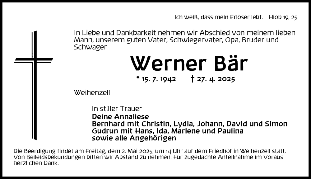  Traueranzeige für Werner Bär vom 30.04.2025 aus Ansbach
