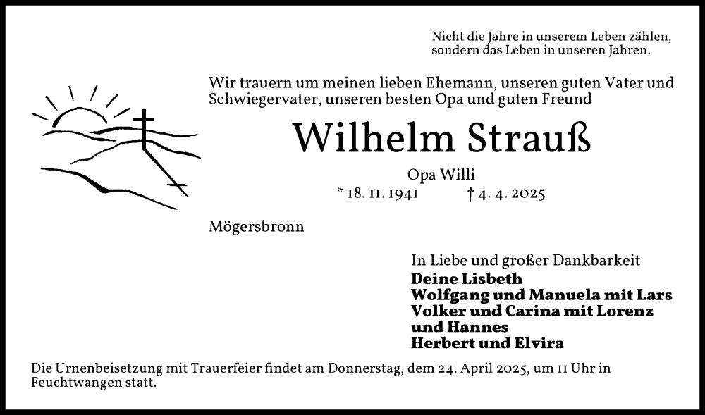  Traueranzeige für Wilhelm Strauß vom 19.04.2025 aus Dinkelsbühl/ Feuchtwangen