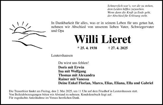 Traueranzeige von Willi Lieret von Ansbach