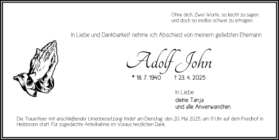 Traueranzeige von Adolf John von Ansbach