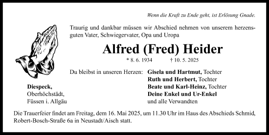 Traueranzeige von Alfred Heider von Neustadt/ Scheinfeld/ Uffenheim