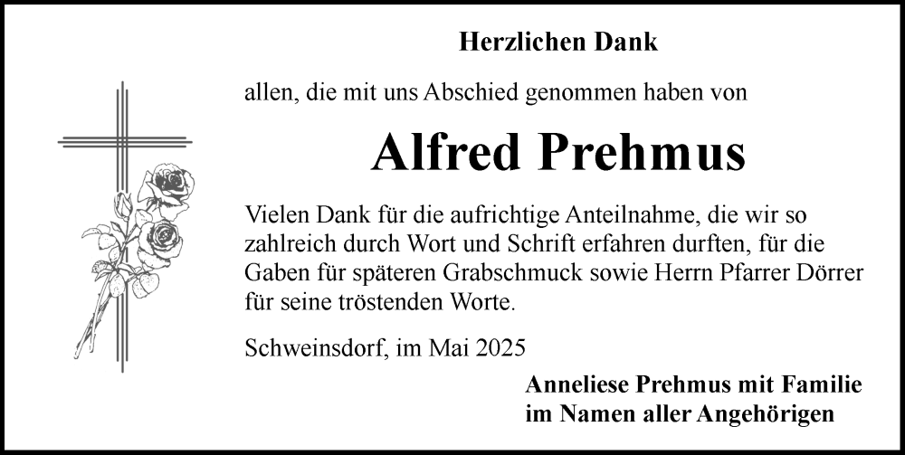  Traueranzeige für Alfred Prehmus vom 21.05.2025 aus Rothenburg