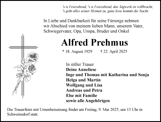 Traueranzeige von Alfred Prehmus von Rothenburg