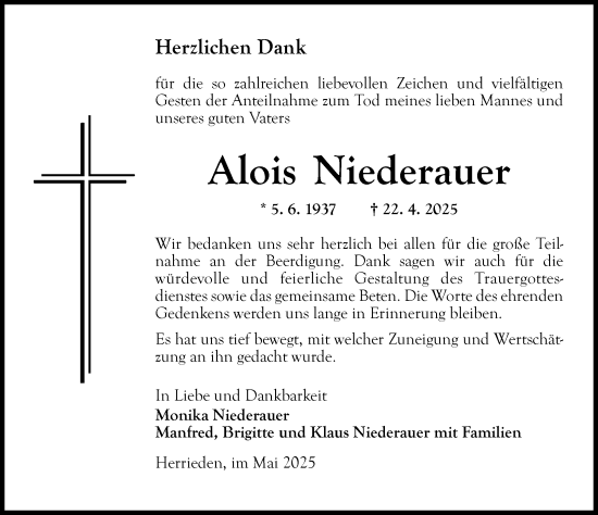 Traueranzeige von Alois Niederauer von Ansbach