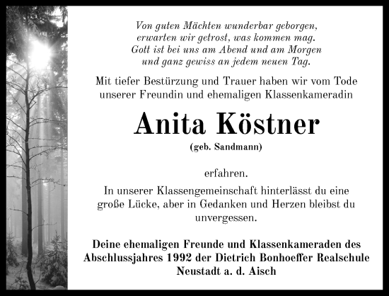 Traueranzeige von Anita Köstner von Neustadt/ Scheinfeld/ Uffenheim