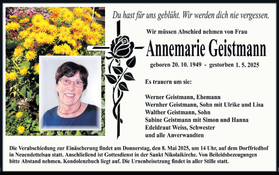 Traueranzeige von Annemarie Geistmann von Ansbach