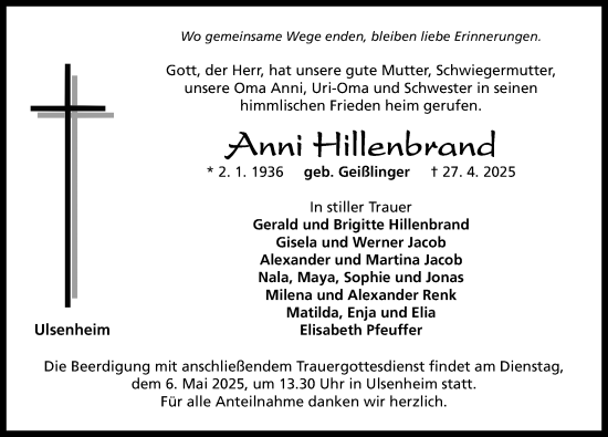 Traueranzeige von Anni Hillenbrand von Neustadt/ Scheinfeld/ Uffenheim