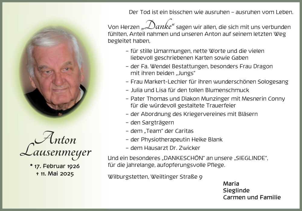  Traueranzeige für Anton Lausenmeyer vom 24.05.2025 aus Dinkelsbühl/ Feuchtwangen