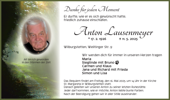 Traueranzeige von Anton Lausenmeyer von Dinkelsbühl/ Feuchtwangen