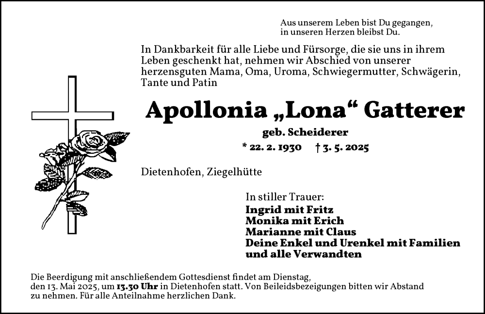  Traueranzeige für Apollonia Gatterer vom 09.05.2025 aus Ansbach