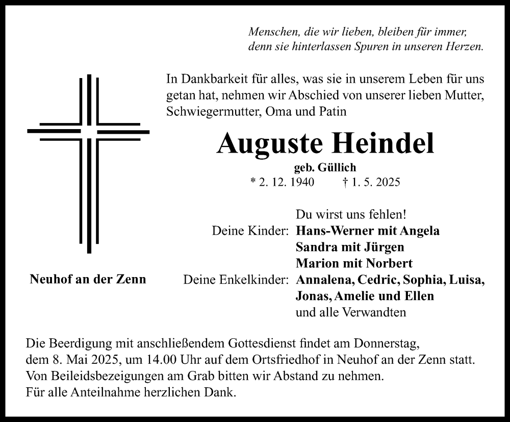 Traueranzeige für Auguste Heindel vom 06.05.2025 aus Neustadt/ Scheinfeld/ Uffenheim