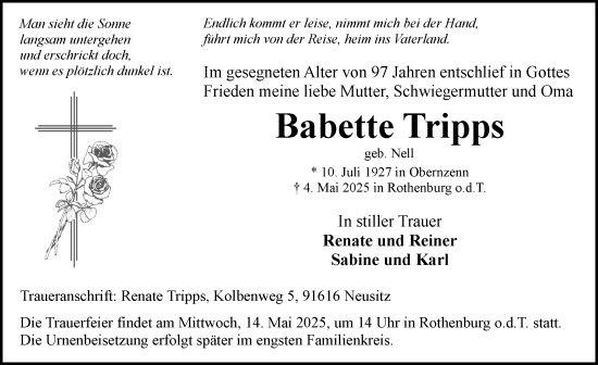 Traueranzeige von Babette Tripps von Rothenburg