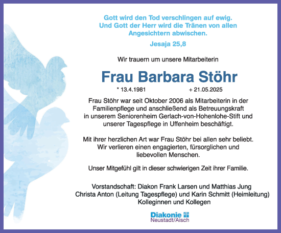 Traueranzeige von Barbara Stöhr von Neustadt/ Scheinfeld/ Uffenheim
