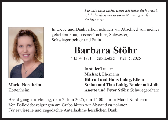 Traueranzeige von Barbara Stöhr von Neustadt/ Scheinfeld/ Uffenheim