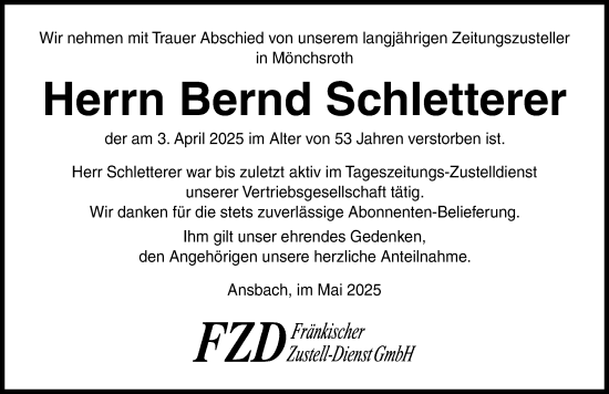 Traueranzeige von Bernd Schletterer von Dinkelsbühl/ Feuchtwangen