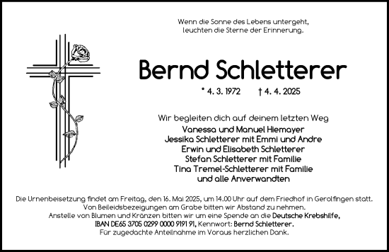 Traueranzeige von Bernd Schletterer von Dinkelsbühl/ Feuchtwangen