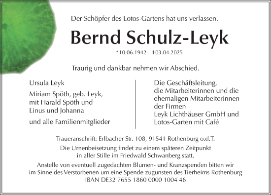 Traueranzeige von Bernd Schulz-Leyk von Rothenburg