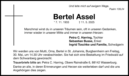 Traueranzeige von Bertel Assel von Neustadt/ Scheinfeld/ Uffenheim