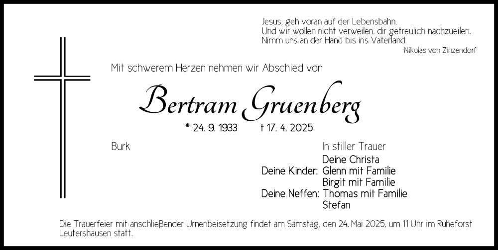  Traueranzeige für Bertram Gruenberg vom 22.05.2025 aus Dinkelsbühl/ Feuchtwangen