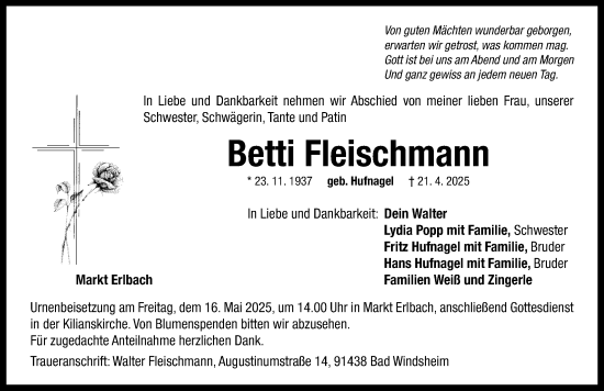 Traueranzeige von Betti Fleischmann von Neustadt/ Scheinfeld/ Uffenheim