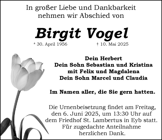 Traueranzeige von Birgit Vogel von Ansbach