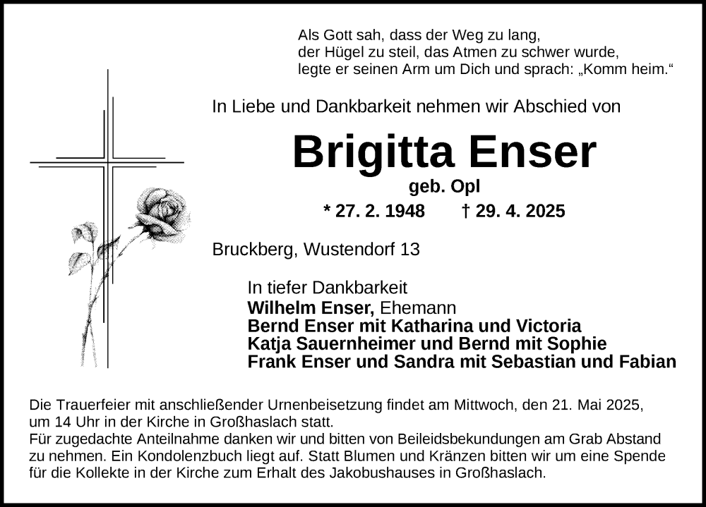  Traueranzeige für Brigitta Enser vom 17.05.2025 aus Ansbach