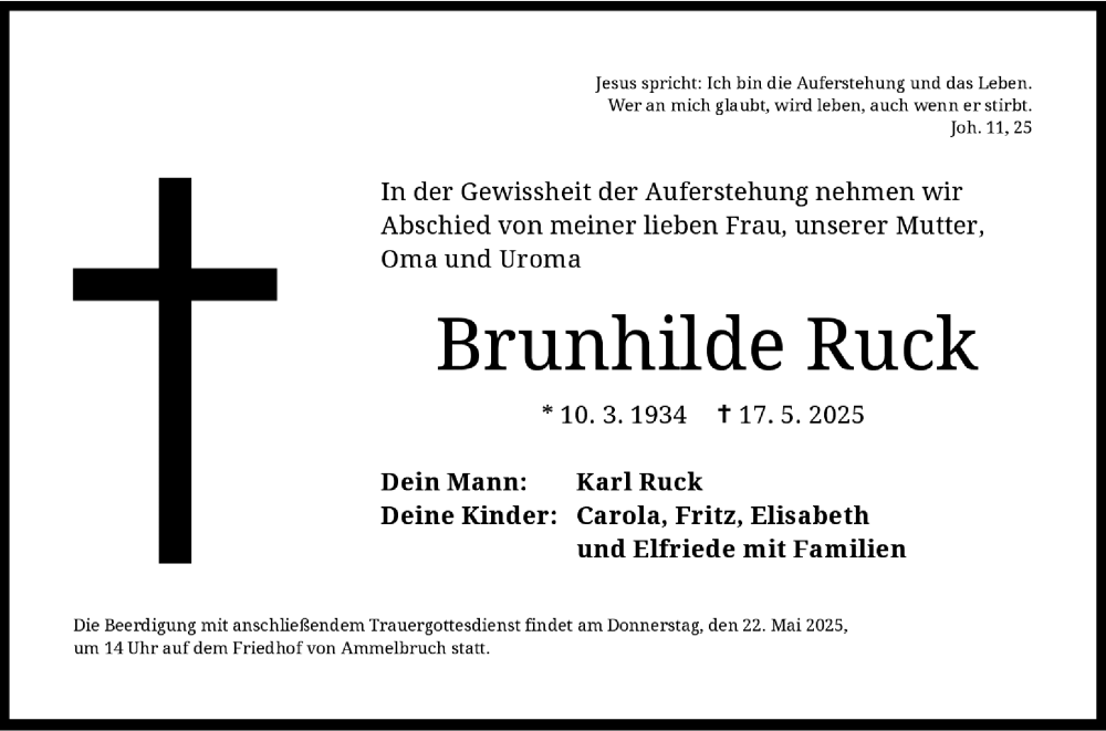  Traueranzeige für Brunhilde Ruck vom 20.05.2025 aus Dinkelsbühl/ Feuchtwangen