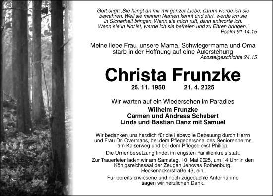 Traueranzeige von Christa Frunzke von Rothenburg