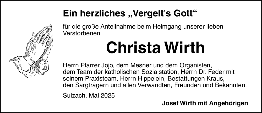 Traueranzeige für Christa Wirth vom 03.05.2025 aus Dinkelsbühl/ Feuchtwangen