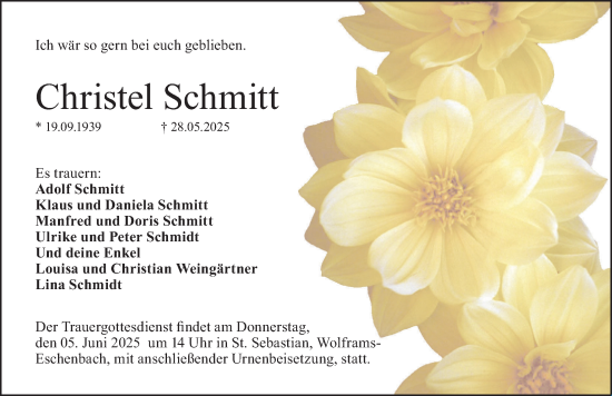 Traueranzeige von Christel Schmitt von Ansbach