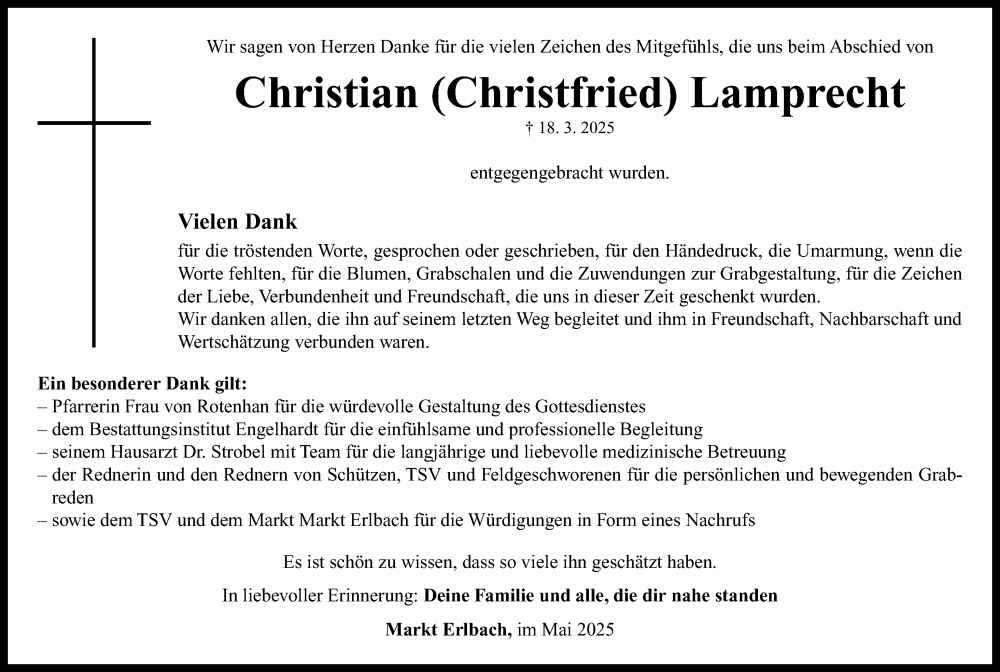  Traueranzeige für Christian Lamprecht vom 31.05.2025 aus Neustadt/ Scheinfeld/ Uffenheim