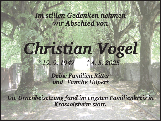 Traueranzeige von Christian Vogel von Neustadt/ Scheinfeld/ Uffenheim