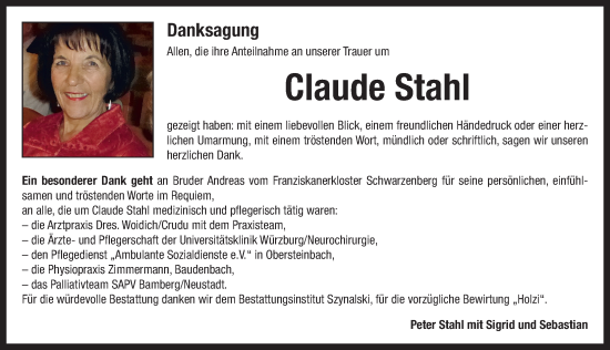Traueranzeige von Claude Stahl von Neustadt/ Scheinfeld/ Uffenheim