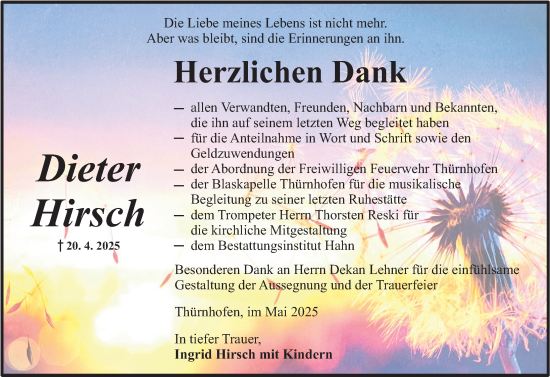 Traueranzeige von Dieter Hirsch von Dinkelsbühl/ Feuchtwangen