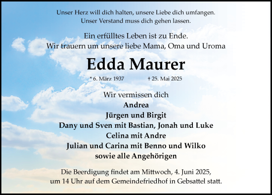 Traueranzeige von Edda Maurer von Rothenburg