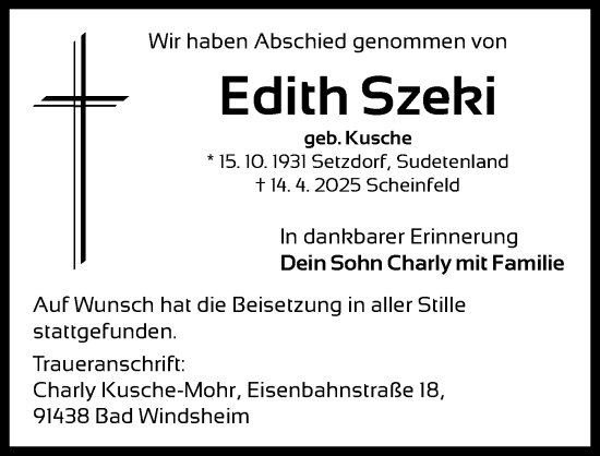 Traueranzeige von Edith Szeki von Neustadt/ Scheinfeld/ Uffenheim