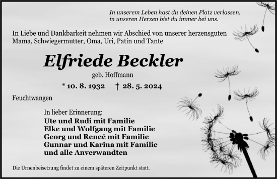 Traueranzeige von Elfriede Beckler von Dinkelsbühl/ Feuchtwangen
