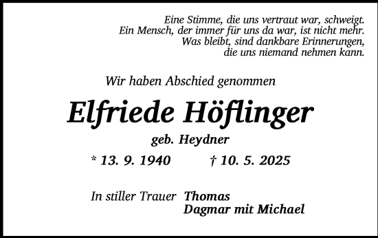 Traueranzeige von Elfriede Höflinger von Dinkelsbühl/ Feuchtwangen