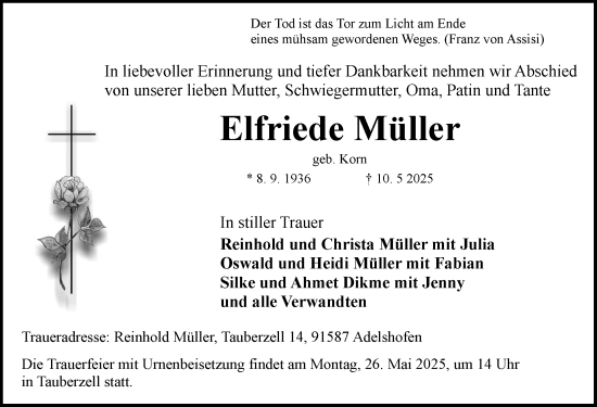 Traueranzeige von Elfriede Müller von Rothenburg