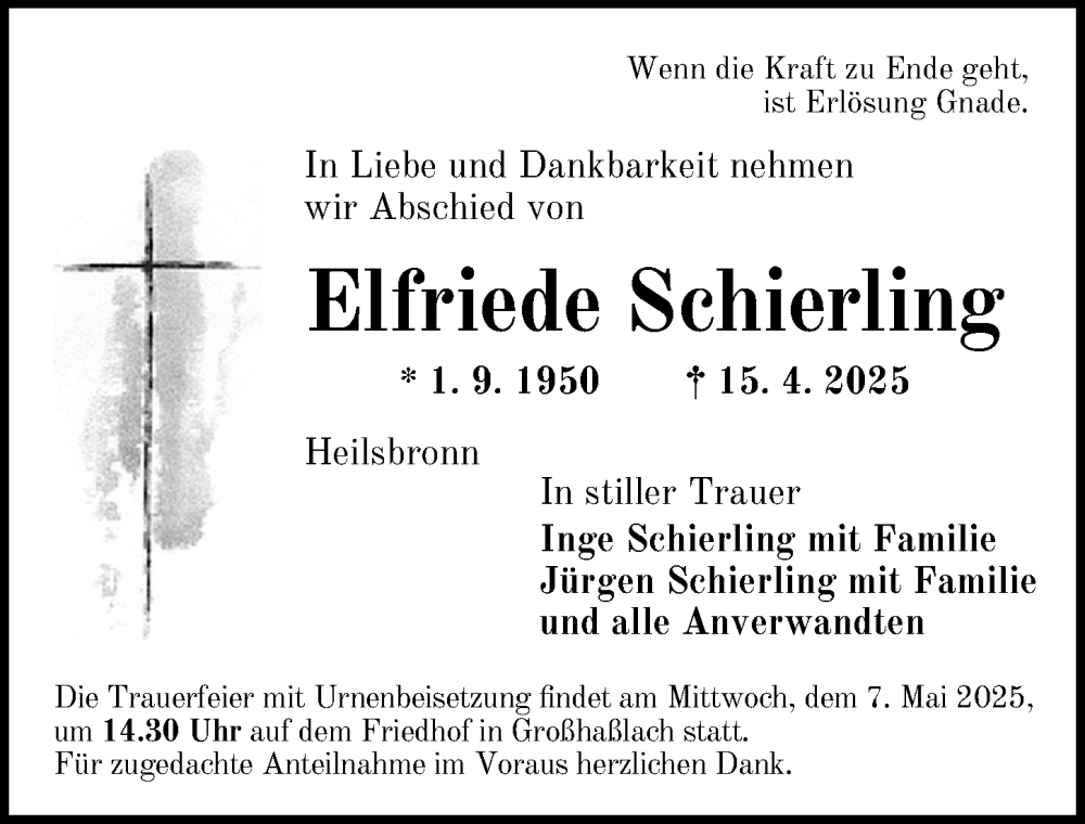  Traueranzeige für Elfriede Schierling vom 03.05.2025 aus Ansbach