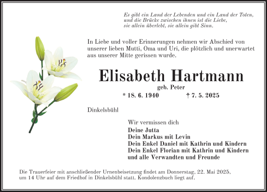 Traueranzeige von Elisabeth Hartmann von Dinkelsbühl/ Feuchtwangen