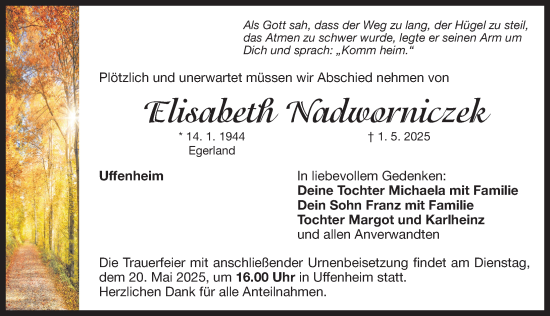 Traueranzeige von Elisabeth Nadworniczek von Neustadt/ Scheinfeld/ Uffenheim