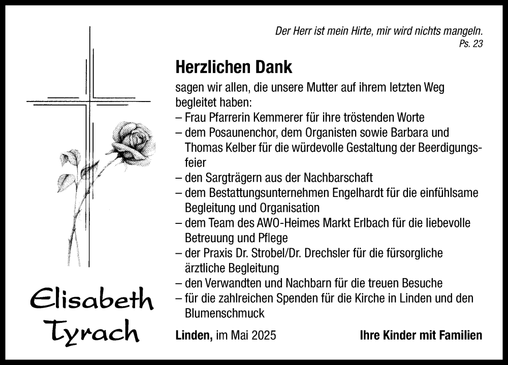  Traueranzeige für Elisabeth Tyrach vom 17.05.2025 aus Neustadt/ Scheinfeld/ Uffenheim
