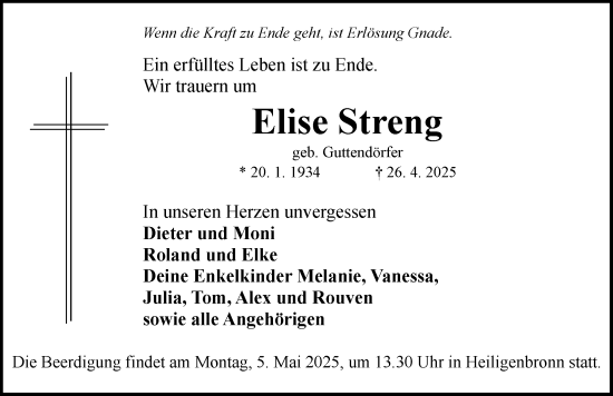 Traueranzeige von Elise Streng von Rothenburg