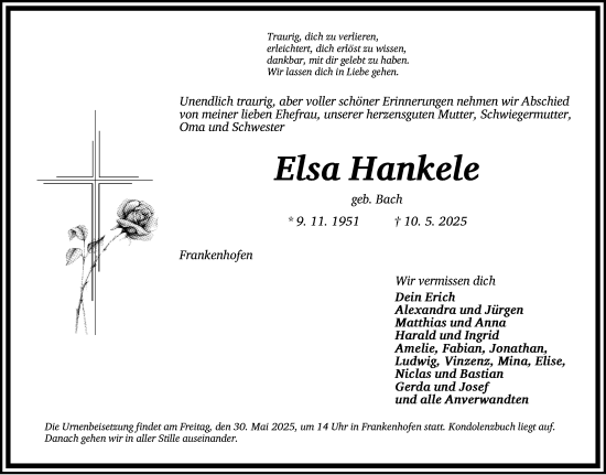 Traueranzeige von Elsa Hankele von Dinkelsbühl/ Feuchtwangen