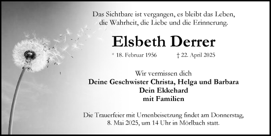 Traueranzeige von Elsbeth Derrer von Neustadt/ Scheinfeld/ Uffenheim