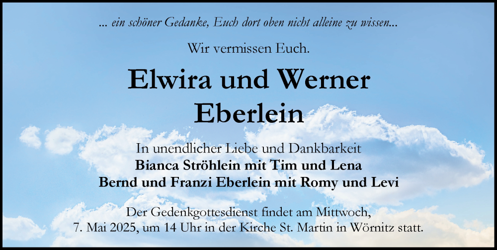  Traueranzeige für Elwira und Werner Eberlein vom 03.05.2025 aus Rothenburg