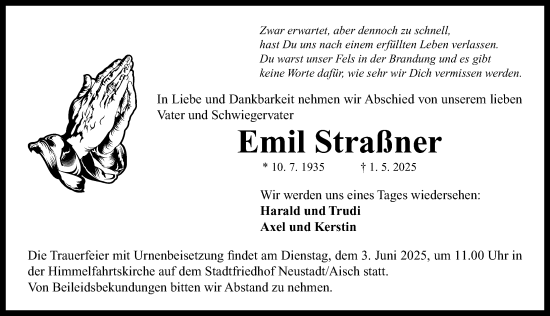 Traueranzeige von Emil Straßner von Neustadt/ Scheinfeld/ Uffenheim
