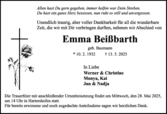 Traueranzeige von Emma Beissbarth von Rothenburg