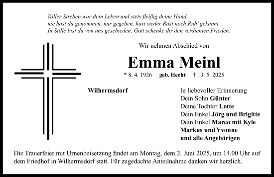 Traueranzeige von Emma Meinl von Neustadt/ Scheinfeld/ Uffenheim